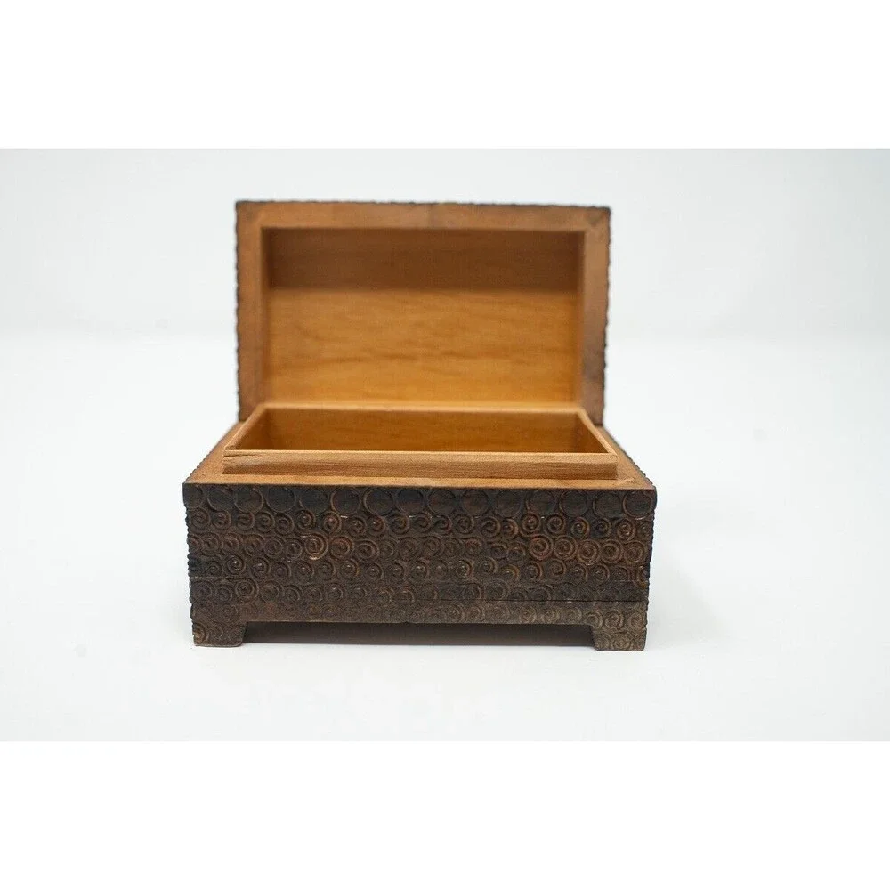 Vintage small polish trinket box wood carved metal inlay